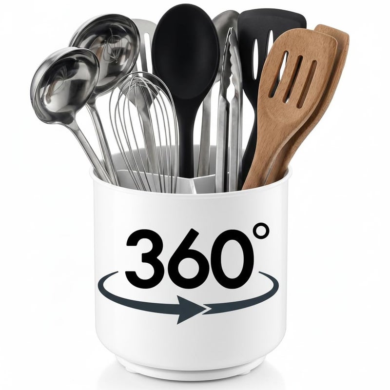Cooler Kitchen Jumbo XL Rotating White Plastic Utensil Holder Caddy with Sturdy No-Tip Weighted Base, Removable Divider, and Gripped Insert - Dishwasher Safe Kitchen Utensil Holder for Countertop - Image 1